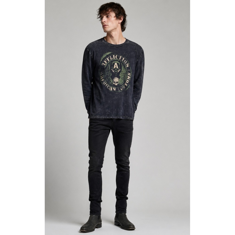 Y2K Vintage Affliction Long Sleeve Skull Distressed Shirt Large Gray Cotton HOLE